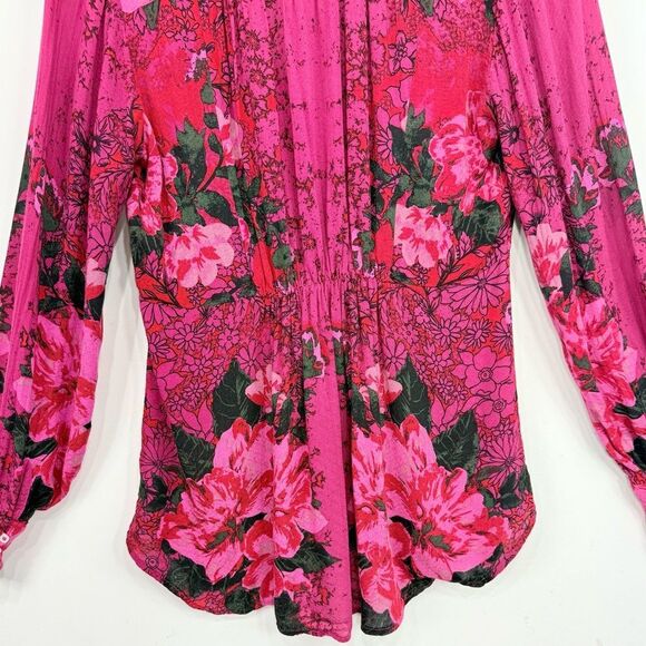 Free People Mikayla Red Pink Floral Hook Closure Blouse  in Scarlett Combo - Picture 13 of 16